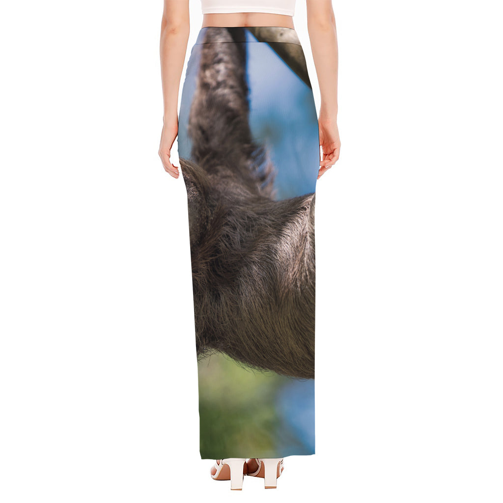 Happy Sloth Print High Slit Maxi Skirt