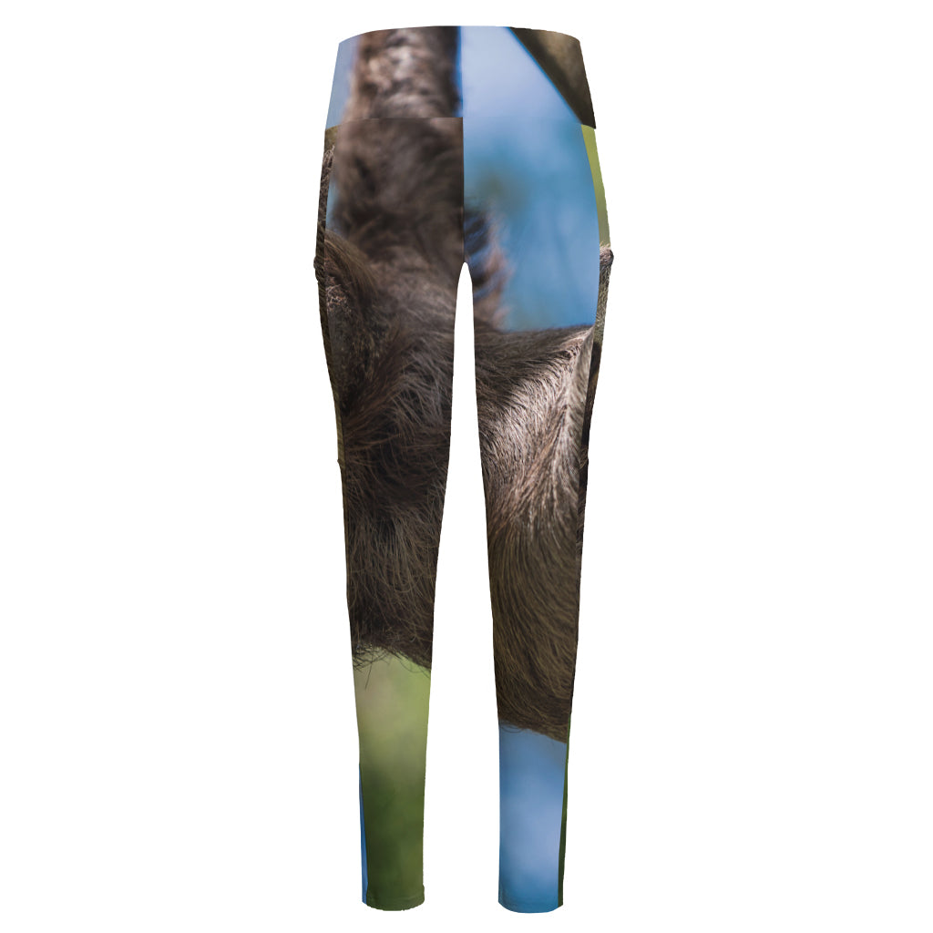 Happy Sloth Print High-Waisted Pocket Leggings