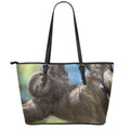 Happy Sloth Print Leather Tote Bag With Zipper