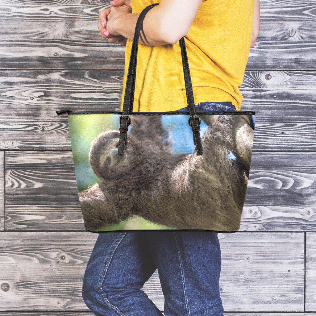 Happy Sloth Print Leather Tote Bag