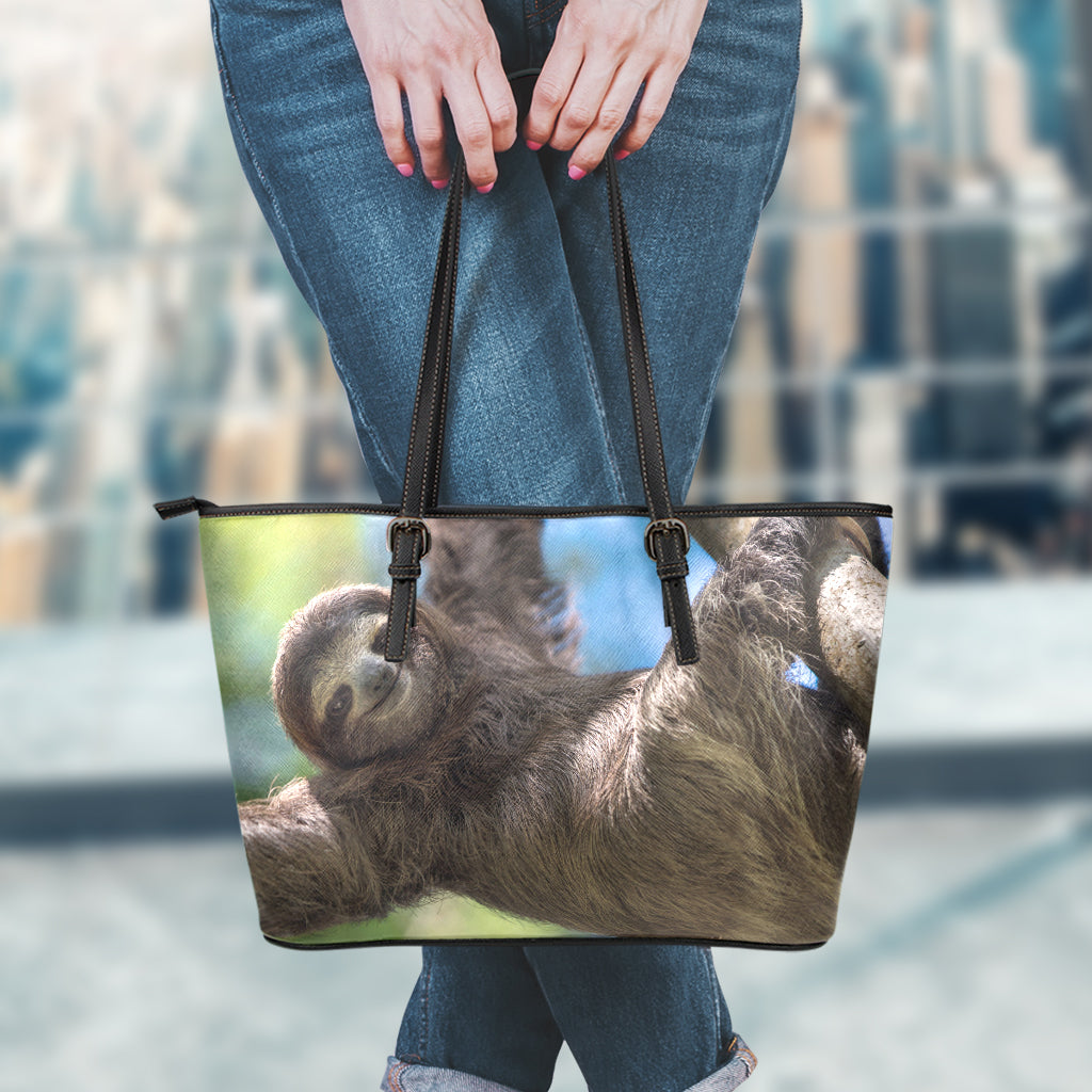 Happy Sloth Print Leather Tote Bag