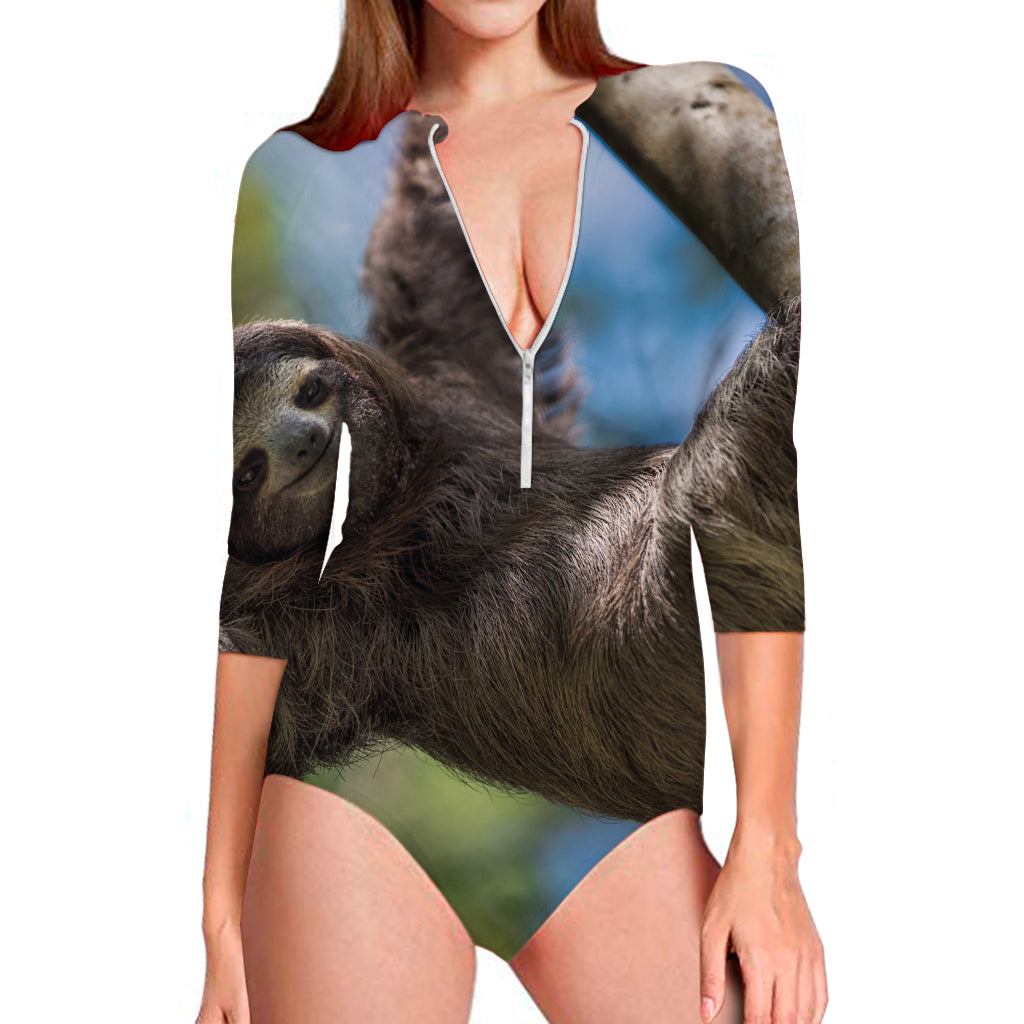 Happy Sloth Print Long Sleeve Swimsuit