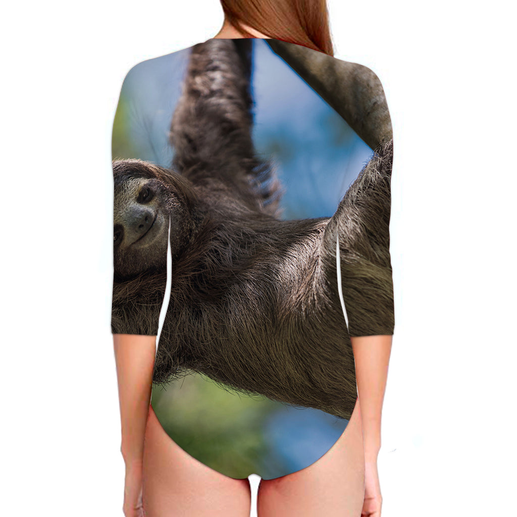 Happy Sloth Print Long Sleeve Swimsuit