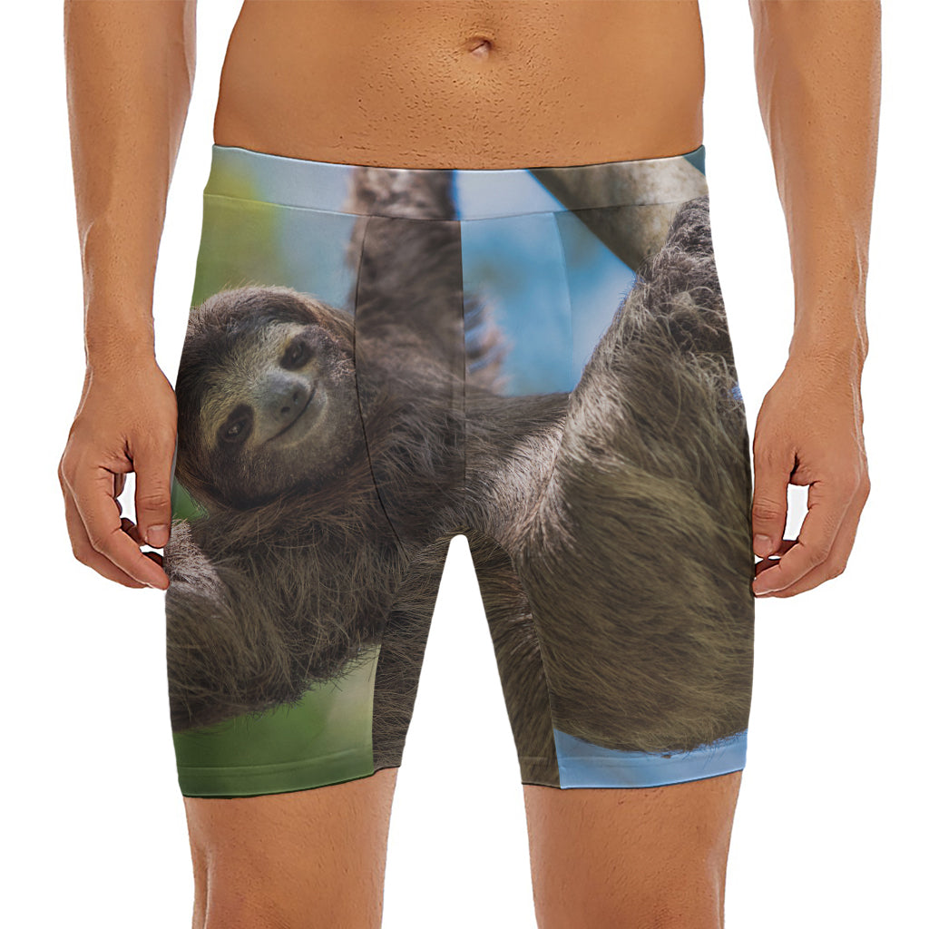 Happy Sloth Print Men's Long Boxer Briefs