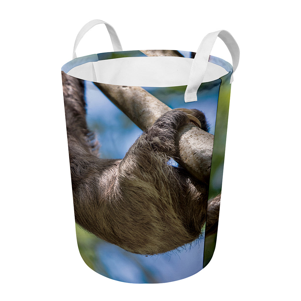 Happy Sloth Print Round Laundry Basket