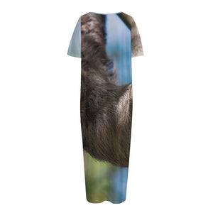 Happy Sloth Print Short Sleeve Long Nightdress