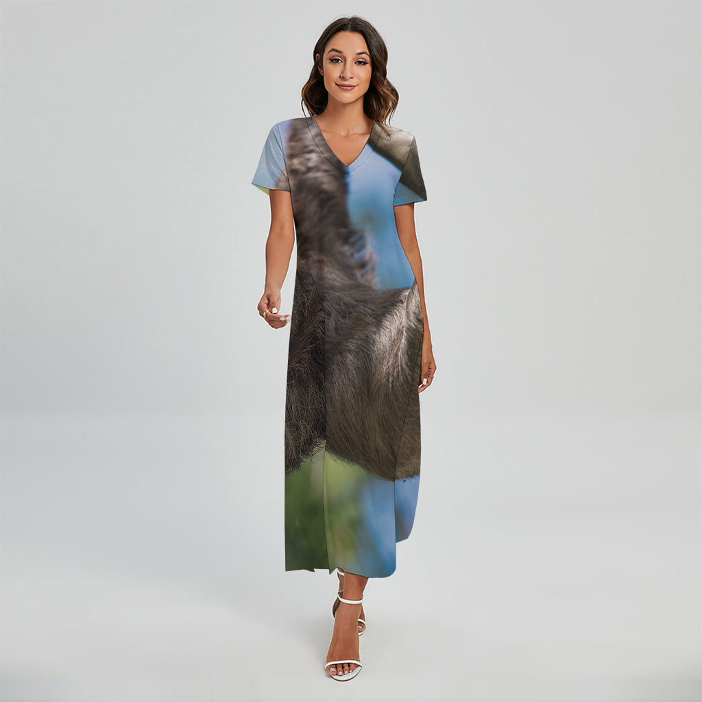 Happy Sloth Print Short Sleeve Maxi Dress