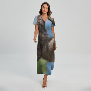 Happy Sloth Print Short Sleeve Maxi Dress