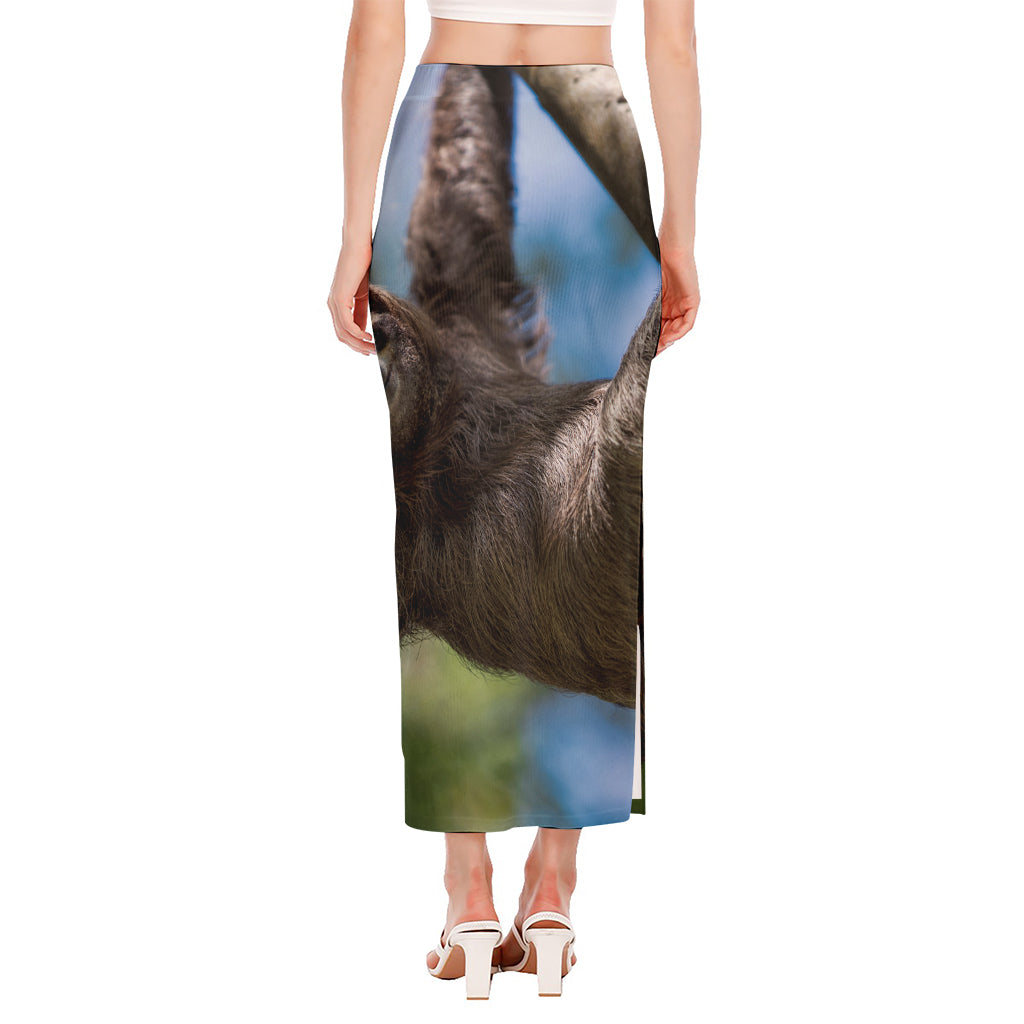 Happy Sloth Print Side Slit Maxi Skirt