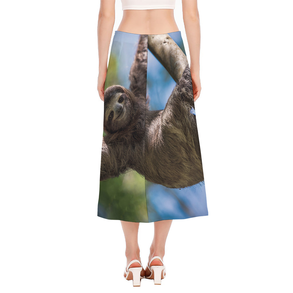 Happy Sloth Print Side Slit Midi Skirt