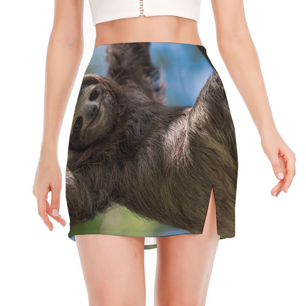 Happy Sloth Print Side Slit Mini Skirt