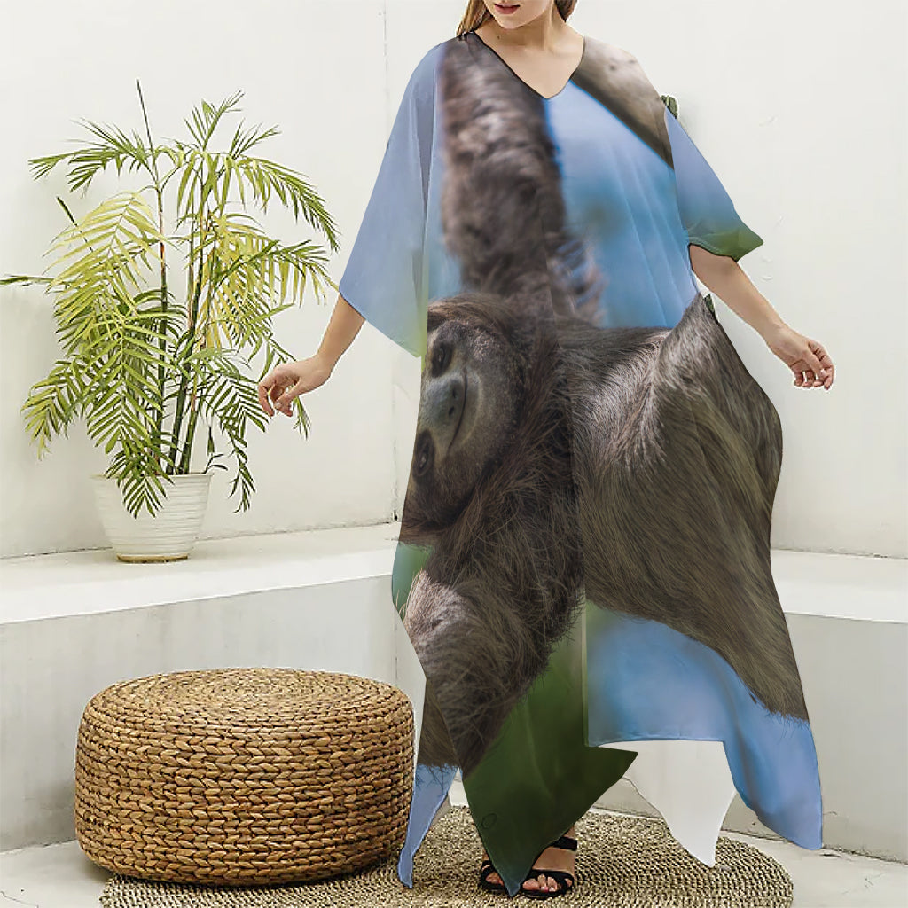 Happy Sloth Print Silk V-Neck Kaftan Dress