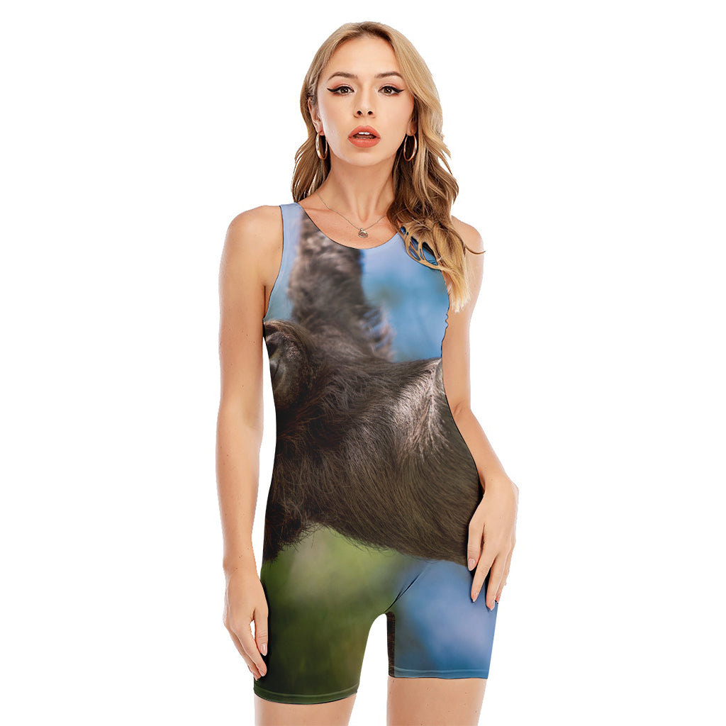 Happy Sloth Print Sleeveless One Piece Swimsuit