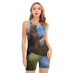 Happy Sloth Print Sleeveless One Piece Swimsuit