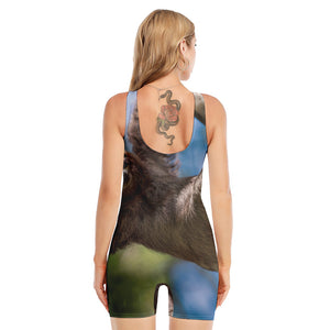 Happy Sloth Print Sleeveless One Piece Swimsuit