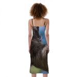 Happy Sloth Print Slim Fit Midi Cami Dress