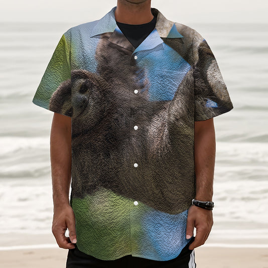 Happy Sloth Print Textured Short Sleeve Shirt