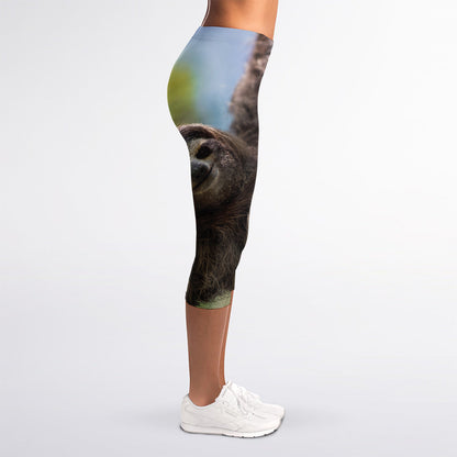 Happy Sloth Print Women's Capri Leggings