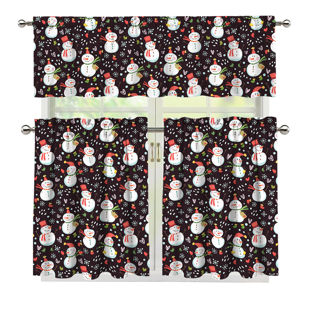 Happy Snowman Pattern Print 3 Piece Kitchen Curtains