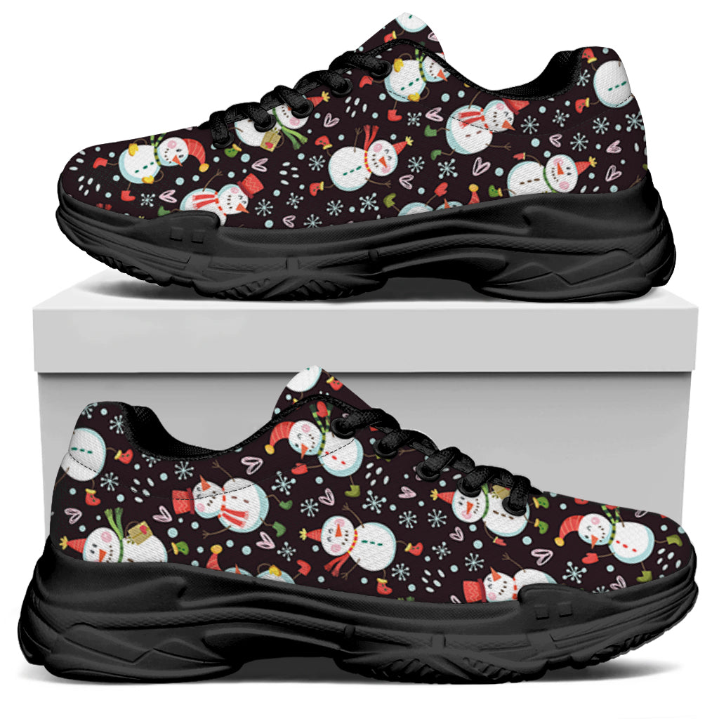 Happy Snowman Pattern Print Black Chunky Shoes