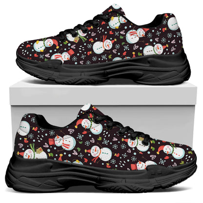 Happy Snowman Pattern Print Black Chunky Shoes
