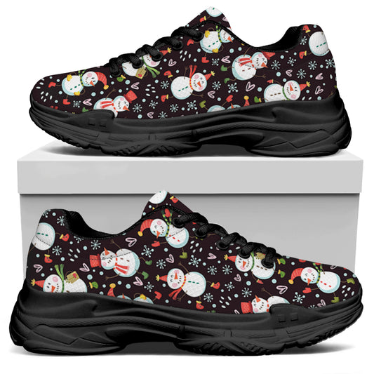 Happy Snowman Pattern Print Black Chunky Shoes