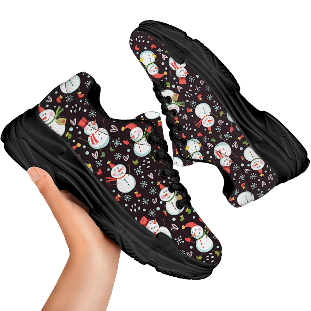 Happy Snowman Pattern Print Black Chunky Shoes
