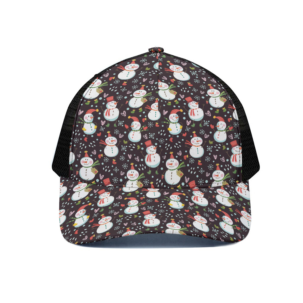 Happy Snowman Pattern Print Black Mesh Trucker Cap