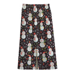 Happy Snowman Pattern Print Cotton Front Slit Maxi Skirt