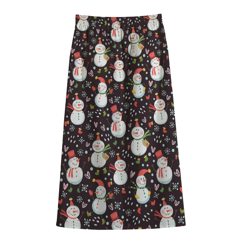 Happy Snowman Pattern Print Cotton Front Slit Maxi Skirt