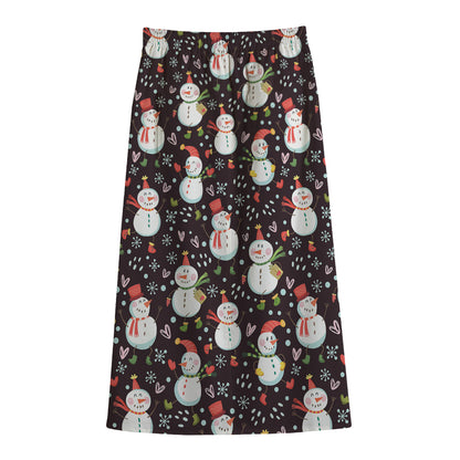 Happy Snowman Pattern Print Cotton Front Slit Maxi Skirt