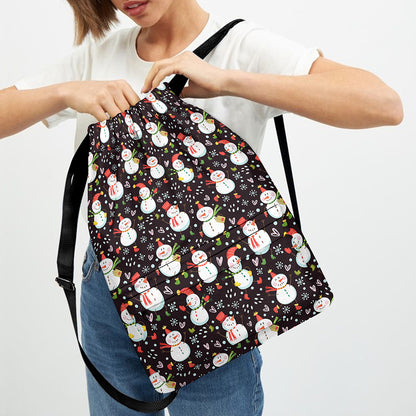Happy Snowman Pattern Print Drawstring Backpack