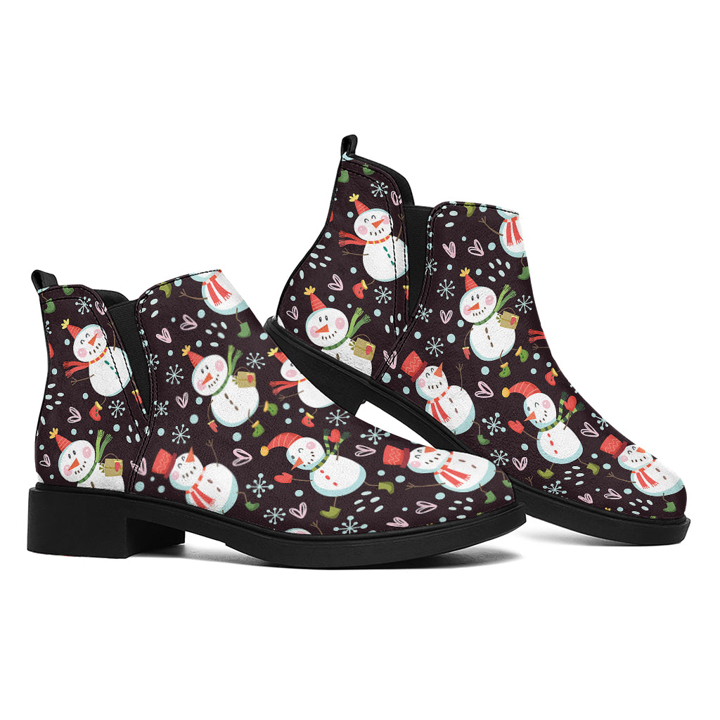 Happy Snowman Pattern Print Flat Ankle Boots