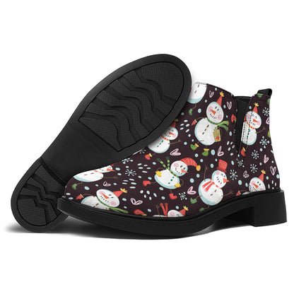 Happy Snowman Pattern Print Flat Ankle Boots