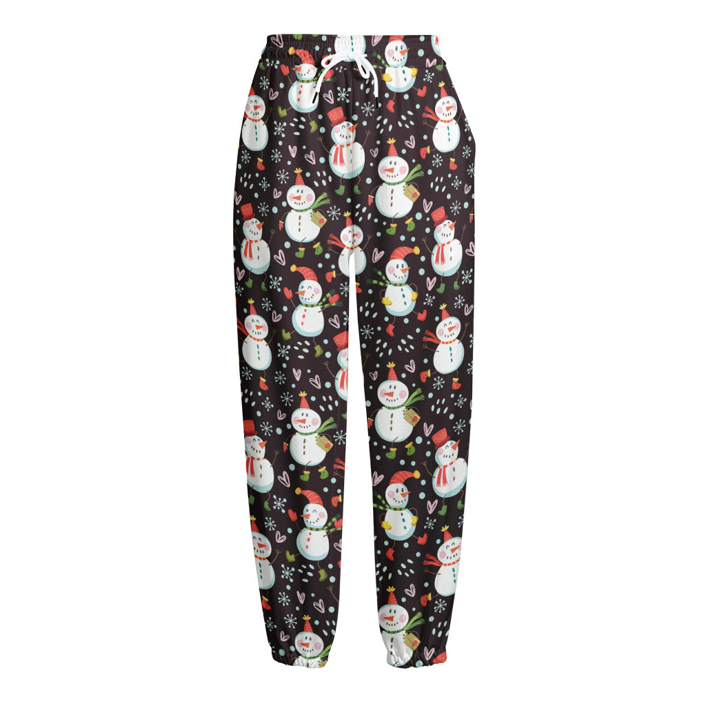 Happy Snowman Pattern Print Fleece Lined Knit Pants