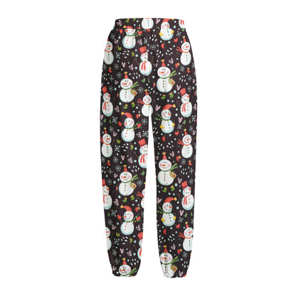 Happy Snowman Pattern Print Fleece Lined Knit Pants