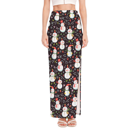 Happy Snowman Pattern Print High Slit Maxi Skirt