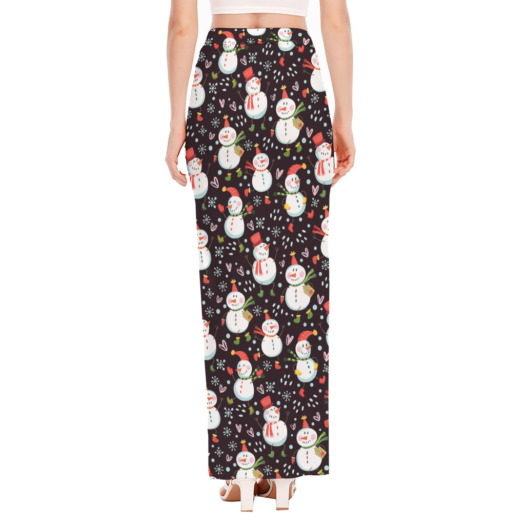 Happy Snowman Pattern Print High Slit Maxi Skirt