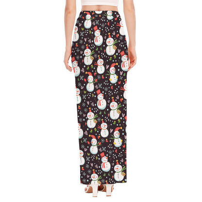 Happy Snowman Pattern Print High Slit Maxi Skirt