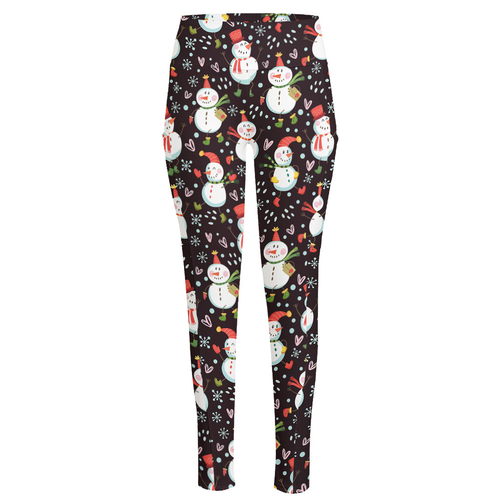 Happy Snowman Pattern Print High-Waisted Pocket Leggings