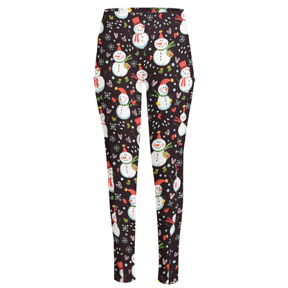 Happy Snowman Pattern Print High-Waisted Pocket Leggings