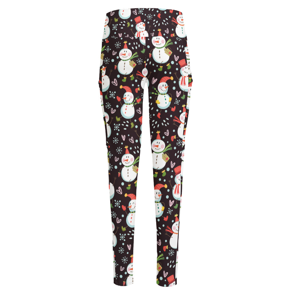 Happy Snowman Pattern Print High-Waisted Pocket Leggings