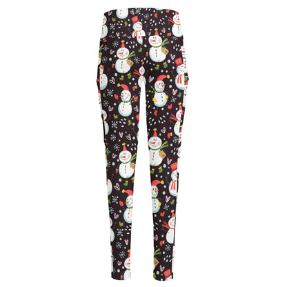 Happy Snowman Pattern Print High-Waisted Pocket Leggings