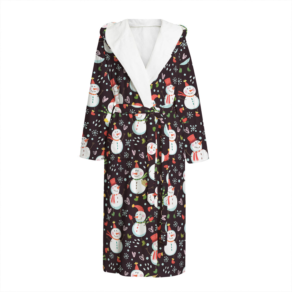 Happy Snowman Pattern Print Hooded Bathrobe