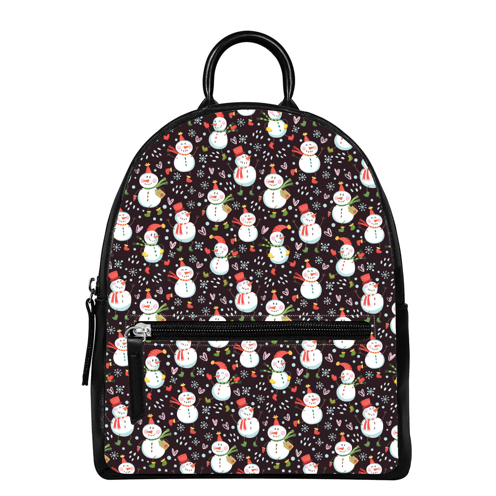 Happy Snowman Pattern Print Leather Backpack