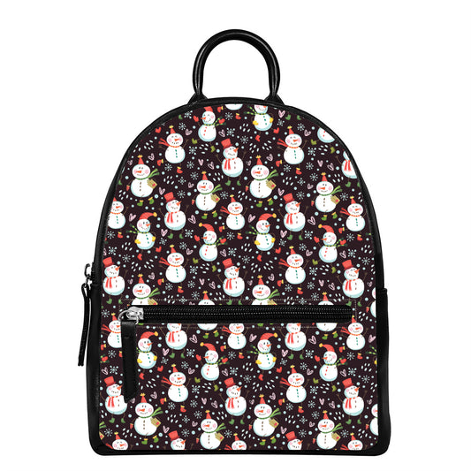 Happy Snowman Pattern Print Leather Backpack
