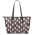 Happy Snowman Pattern Print Leather Tote Bag With Zipper