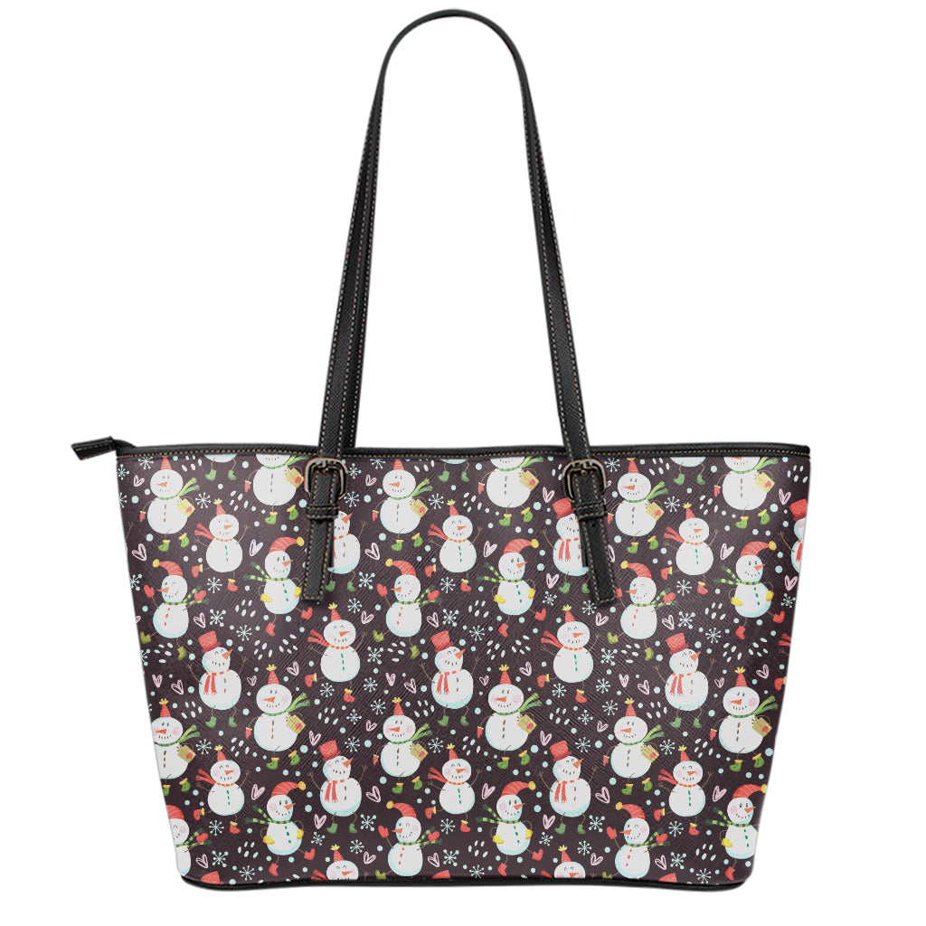 Happy Snowman Pattern Print Leather Tote Bag
