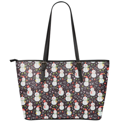 Happy Snowman Pattern Print Leather Tote Bag
