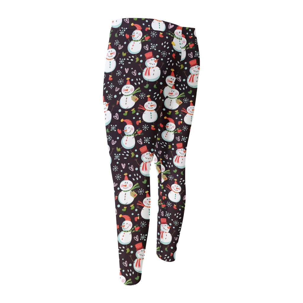 Happy Snowman Pattern Print Men's Compression Pants